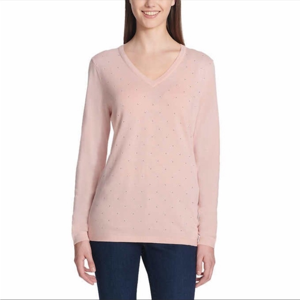 DKNY Size Small Pink V-Neck Cotton Embellished Rhinestones Sweater